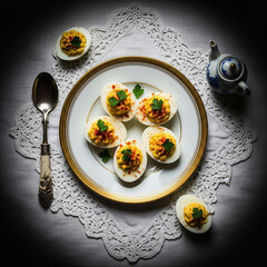 Deviled eggs garnished with paprika and parsley on a fine china plate with vintage spoon and lace tablecloth in dramatic lighting.
