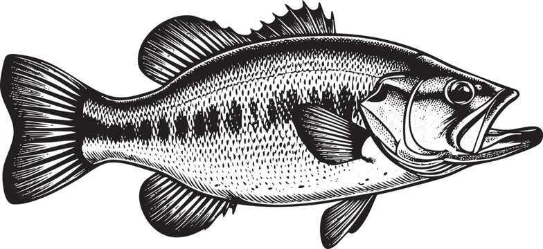 detailed black and white of a largemouth bass swims gracefully.