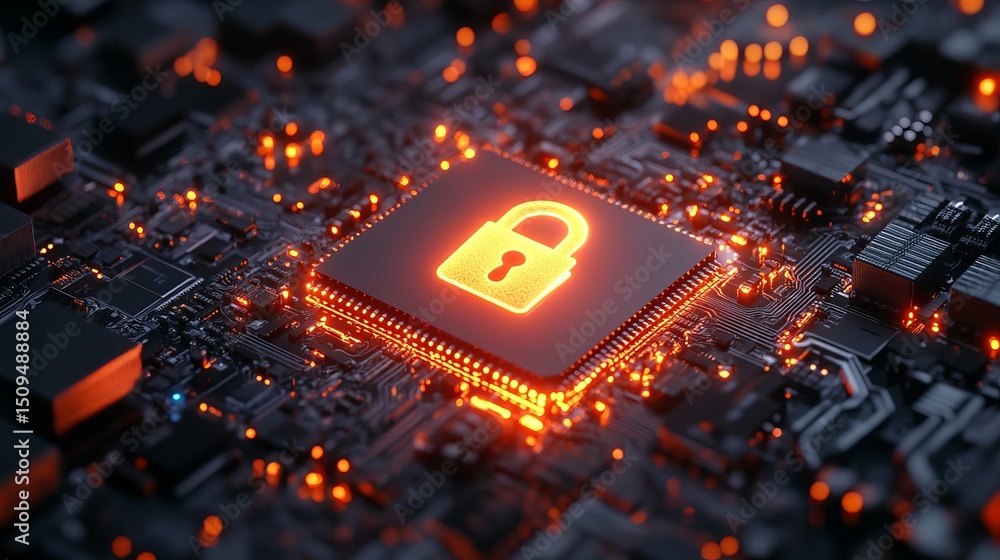 Poster cybersecurity digital lock orange glowing technology circuit board abstract background modern data p
