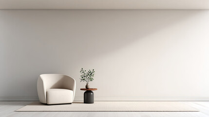 Cozy white armchair with small plant on table in bright room