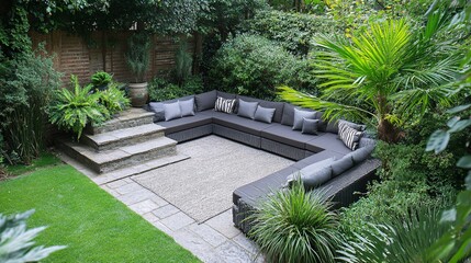 Serene Outdoor Oasis: Garden Space with Stylish Outdoor Rug and Cozy Cushions