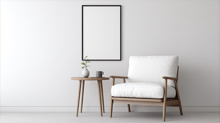 Minimalist living room with white armchair and wooden side table
