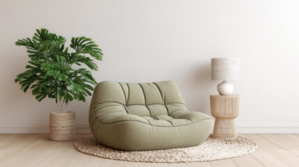 Soft green armchair with plant and lamp in cozy room