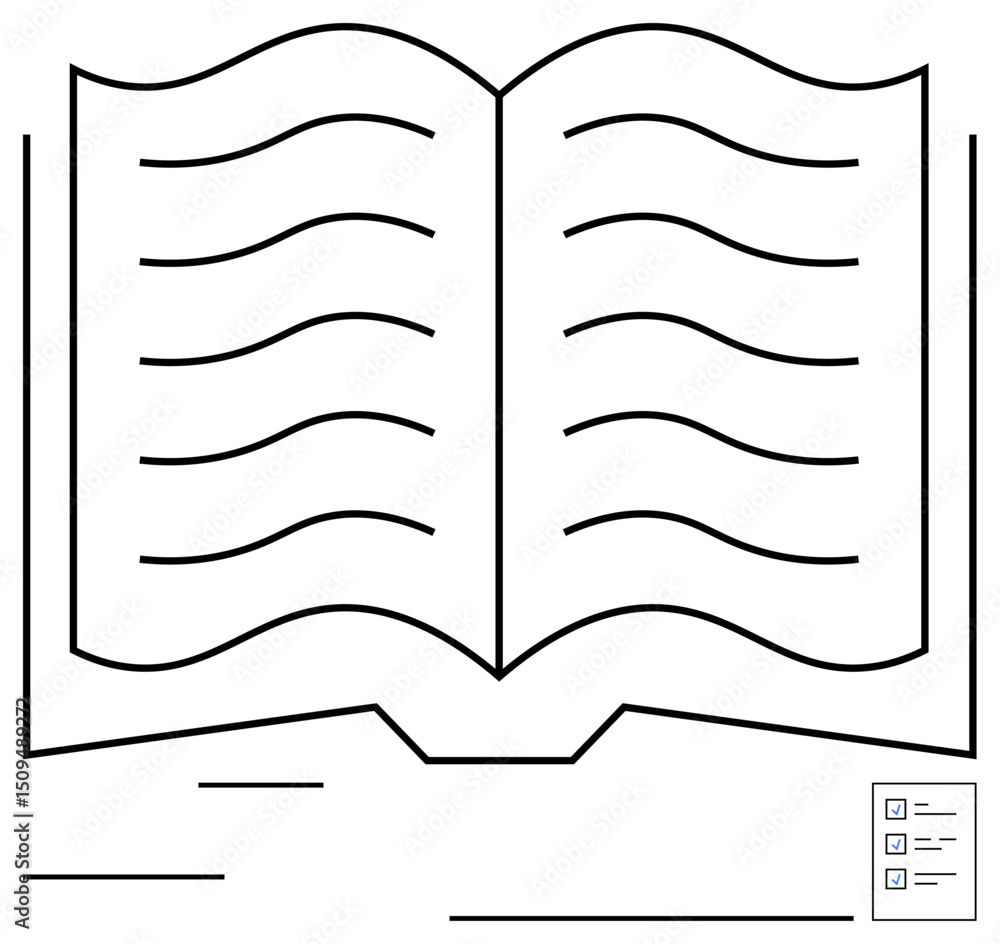 Poster open book with horizontal lines simulating text, accompanied by a checklist. ideal for education, li