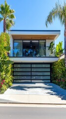 Fototapeta premium Modern two story home has a glass garage door with lush surrounding greenery