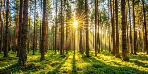 Serene pine forest with sunlight filtering through trees, sunlight, peaceful atmosphere,  sunlight