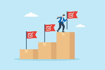 Flat illustration of quality control manager planting checklist flags on product mountain symbolizing quality milestones