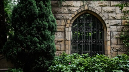 Naklejka premium Stone Wall Arch Gate Green Garden Medieval