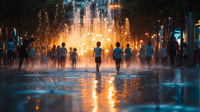 Children playing in a fountain at dusk with illuminated water spray.
