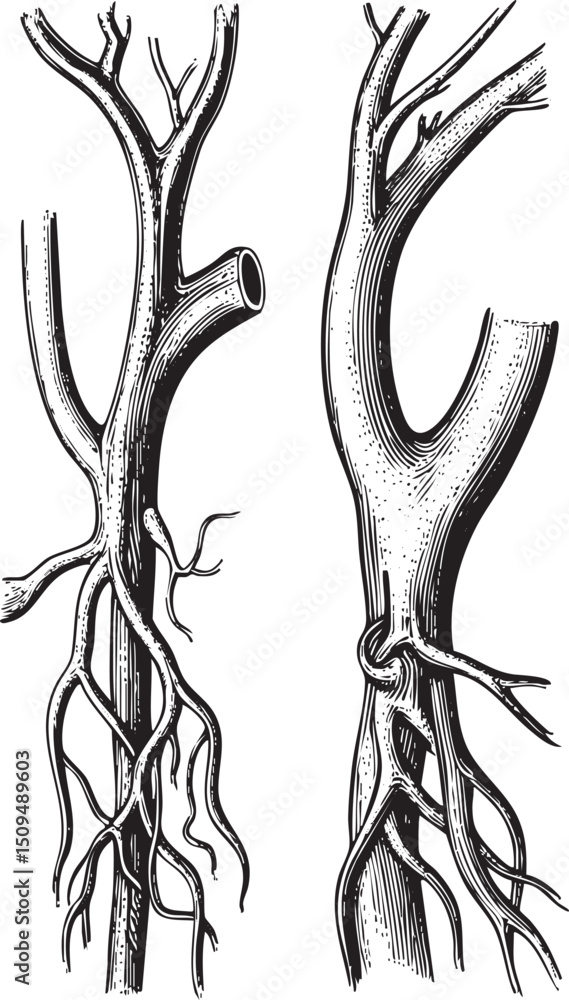 Aufkleber two detailed illustrations depict branching vascular networks with intricate root systems.