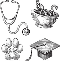 vintage depicts a stethoscope a bowl containing a snake a paw print and a graduation cap.