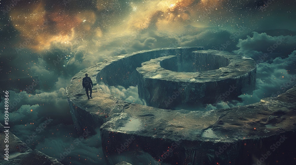 Poster mysterious figure exploring a surreal spiral pathway in a cosmic landscape filled with clouds and st