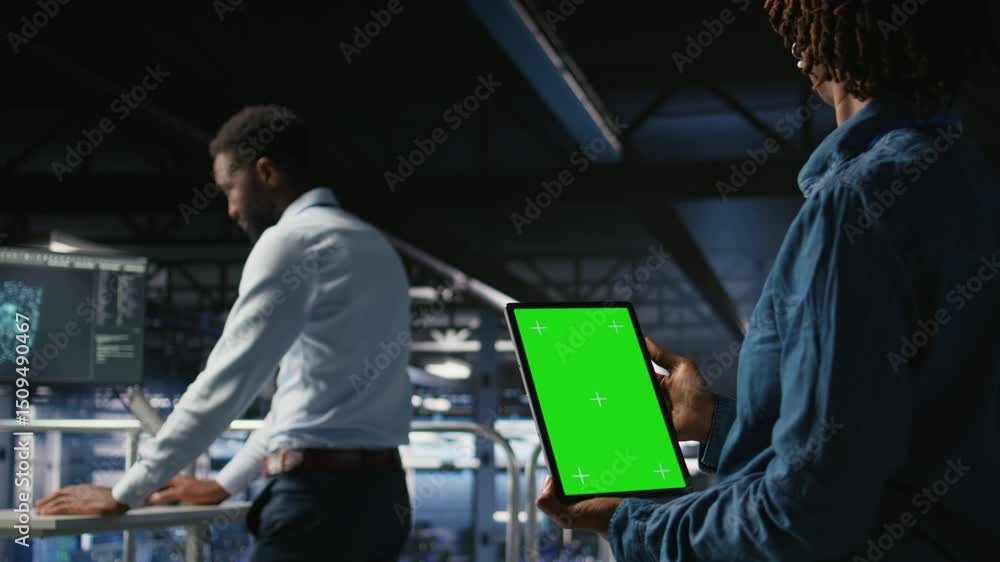 Poster data center engineers monitoring neural network llm visualization using green screen tablet. server 