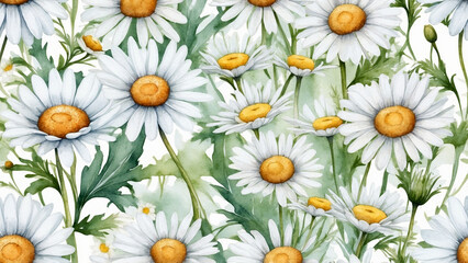Fototapeta premium White daisy floral pattern. Elegant white daisies with yellow centers and green leaves create sophisticated floral design. This pretty white daisy pattern is perfect for spring invitations