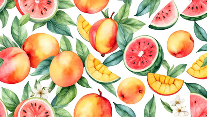 Summer fruit pattern with juicy watermelon and ripe peaches. This vibrant summer fruit design features delicious watermelon slices and sweet peaches, perfect for creating summery designs.