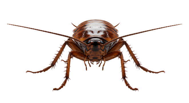 Frontal view of a glossy brown cockroach with spiky legs and long antennae