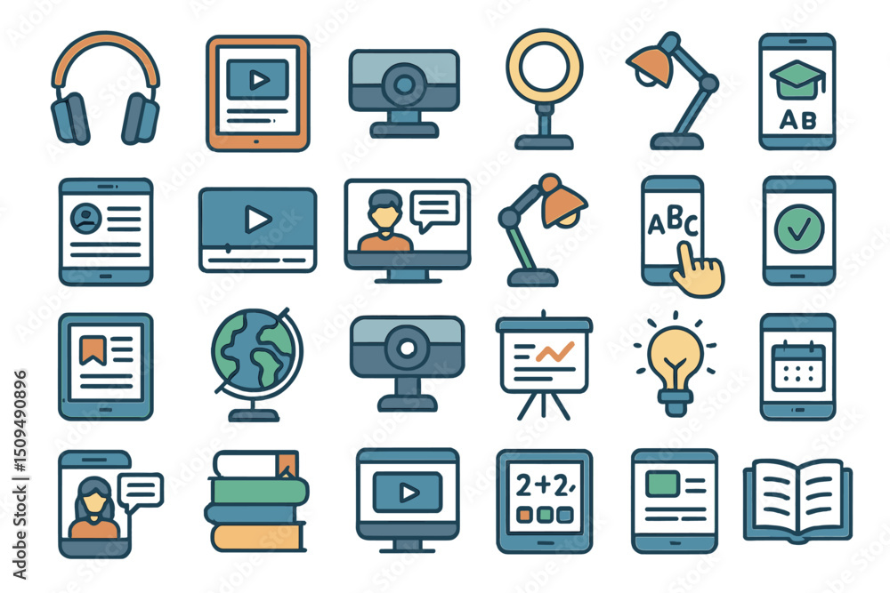 Poster educational tools and resources illustrated using modern icons for digital learning environments