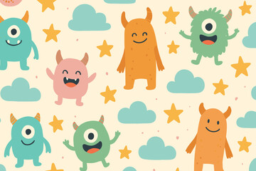 Colorful cartoon monsters play among clouds and stars in a cheerful, whimsical pattern ideal for children's decor