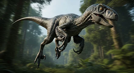 Fototapeten A swift velociraptor sprints through a blurred forest background.  © Joao