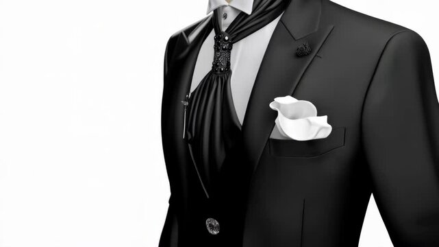 Close-up of an elegant black tuxedo with fancy cravat, pocket square, and decorative lapel pin on a crisp white background