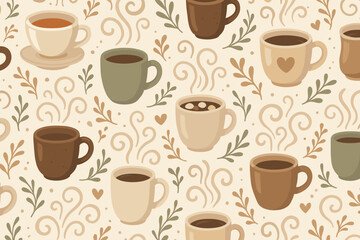 Obraz premium Coffee cups pattern with leaves and swirls in warm colors for cozy decor and design elements