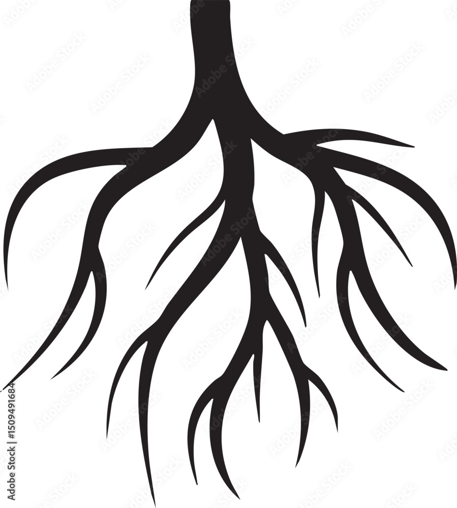 Poster stylized black root system extends vertically from a central point.