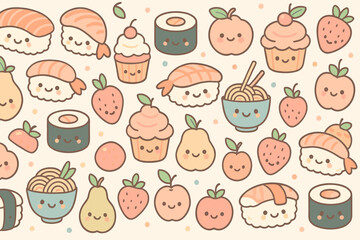Cute food pattern featuring sushi, cupcakes, and fruit with playful faces in pastel colors on a light background