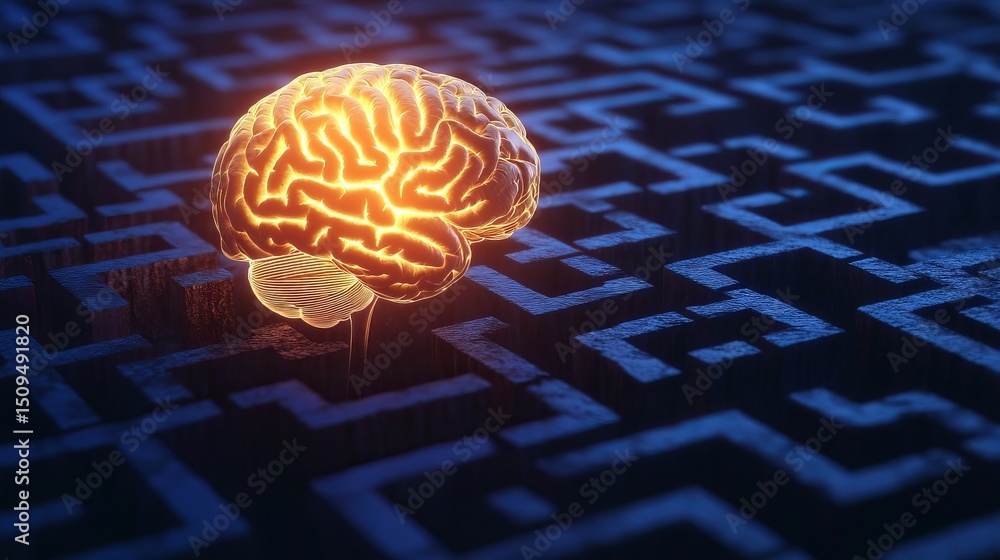 Poster glowing human brain in complex intricate maze 3d render abstract neural network artificial intellige