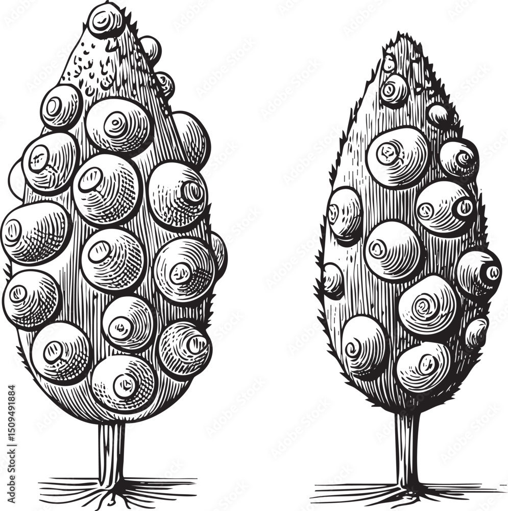 Poster two stylized trees are densely adorned with numerous circular shapes.