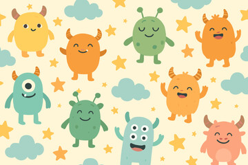 Obraz premium Colorful cartoon monsters and cheerful stars on a light backdrop create a whimsical and playful atmosphere