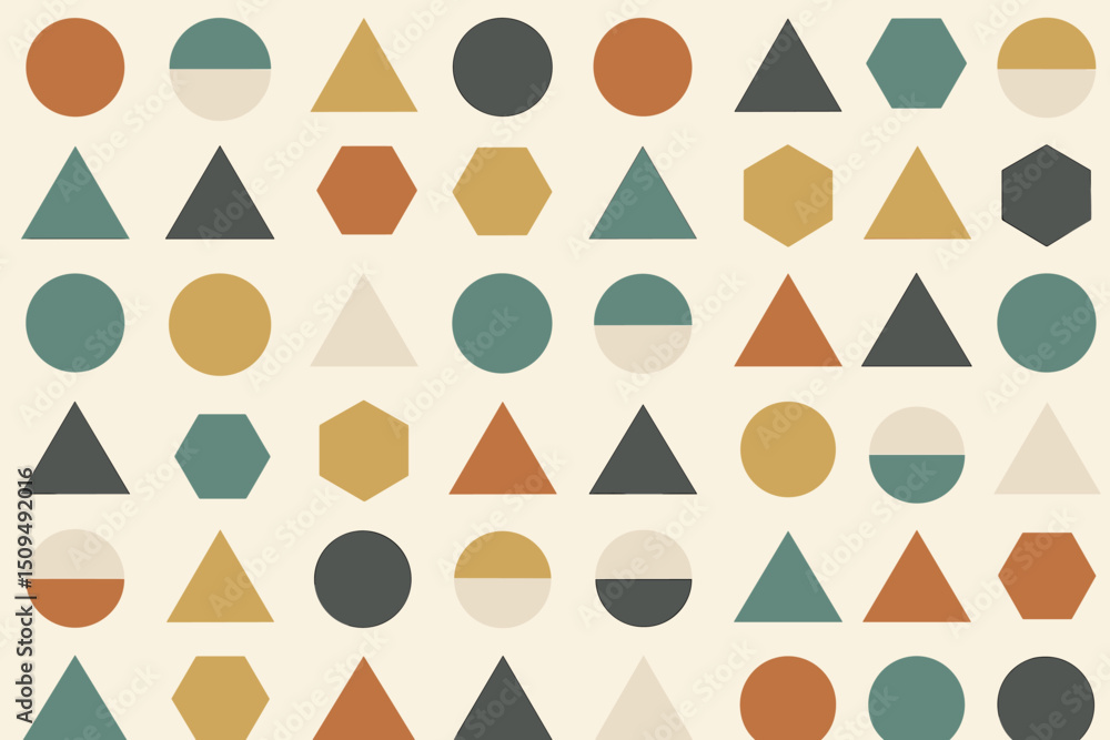 Poster colorful geometric pattern featuring various shapes on a light background suitable for art and desig