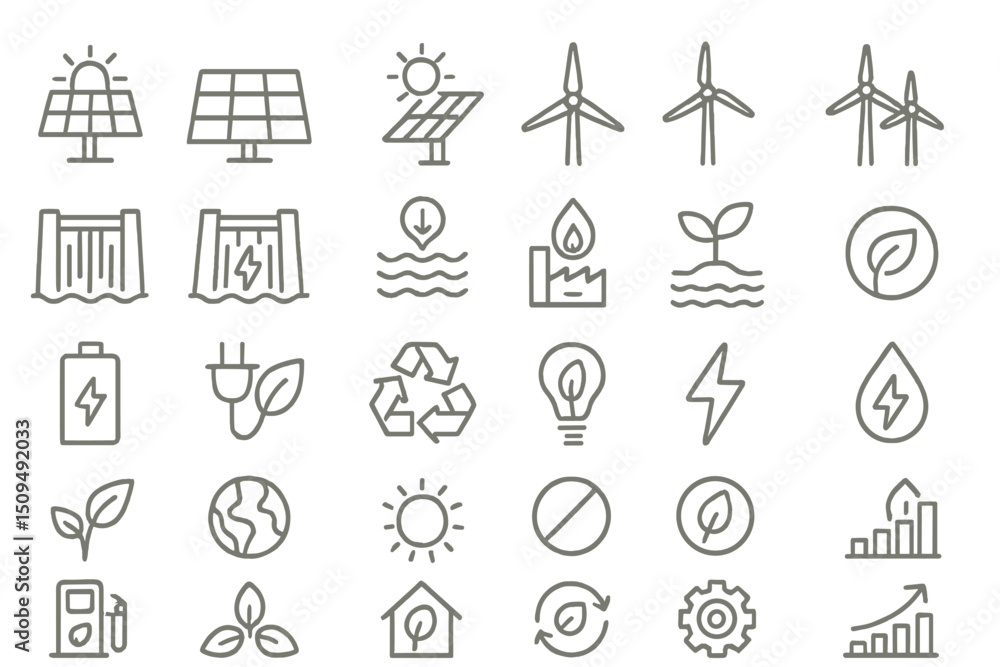 Poster clean energy icons representing sustainable practices and technologies for a greener future