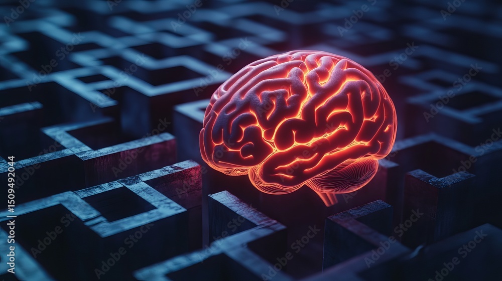 Poster glowing human brain in complex dark maze 3d render abstract neural network artificial intelligence p