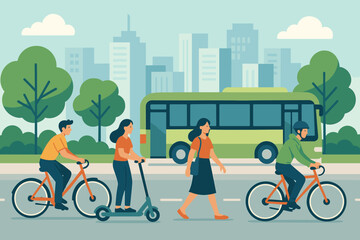 Urban street scene featuring people commuting on bicycles, scooters, and walking near a bus