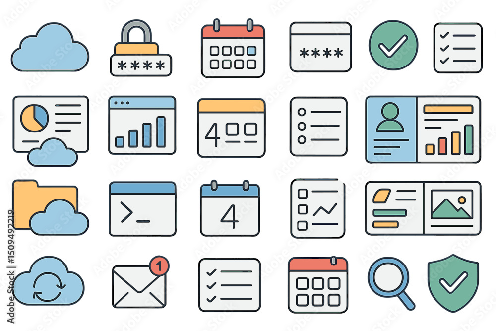 Poster various icons representing digital security, organization, and data management in a modern workspace