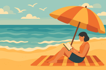 Relaxing on the beach under an umbrella while reading a book by the waves on a sunny day