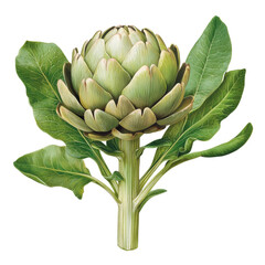 Obraz premium Fresh Artichoke Surrounded by Dark Green Leaves with a Glossy Finish on White Background transparent background, png