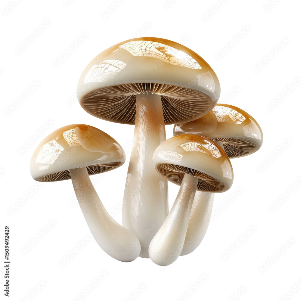 Poster delicate and realistic mushrooms displayed on a transparent surface with natural light enhancing the