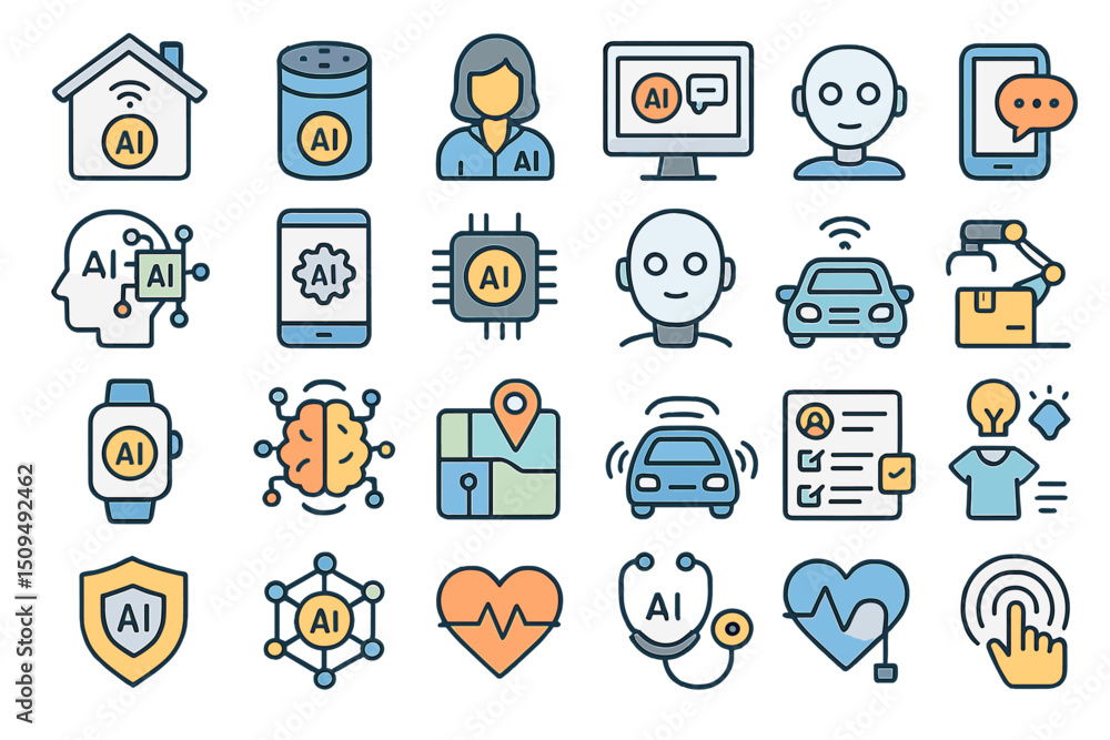 Poster exploring the integration of artificial intelligence in daily life through diverse tech symbols and 