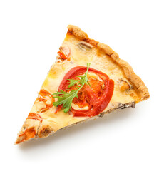 Piece of delicious tomato tart with arugula leaf on white background
