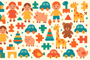 Fototapeta premium Colorful playground illustration with animals, toys, and cheerful children on a light background