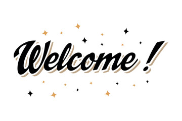 Make a bold first impression with this cheerful “Welcome” ink lettering sign, featuring dynamic handwritten modern brush lettering accented with stars on a clean white background. This isolated vector
