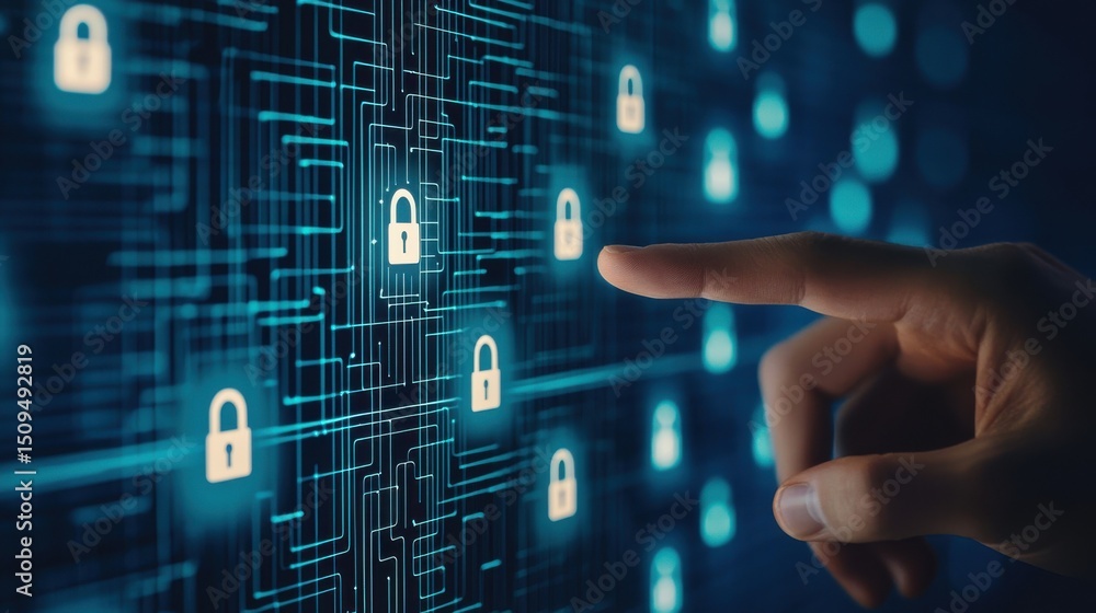 Poster cybersecurity concept with digital locks and finger touch for internet safety and data protection