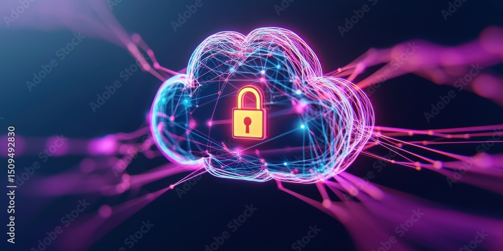 Poster futuristic cloud security concept with digital neon lock symbolizing cybersecurity and data protecti