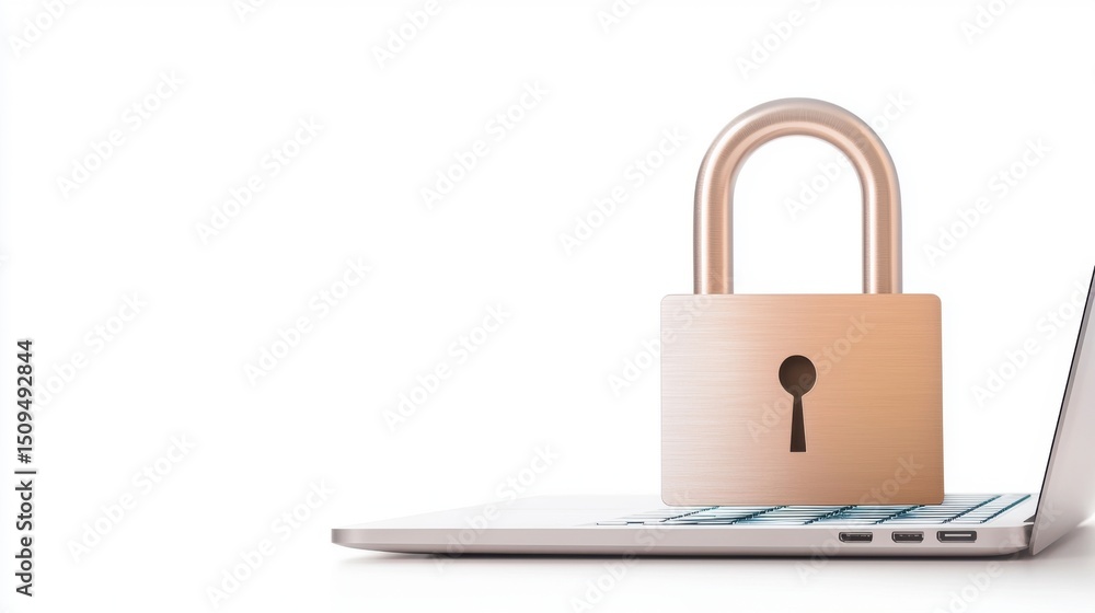 Poster cybersecurity concept with padlock on laptop for data protection design in technology