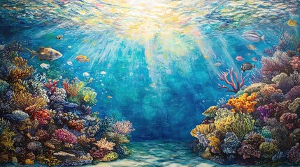 Fototapeta premium The light reaches down to the sea floor and the coral can be seen.