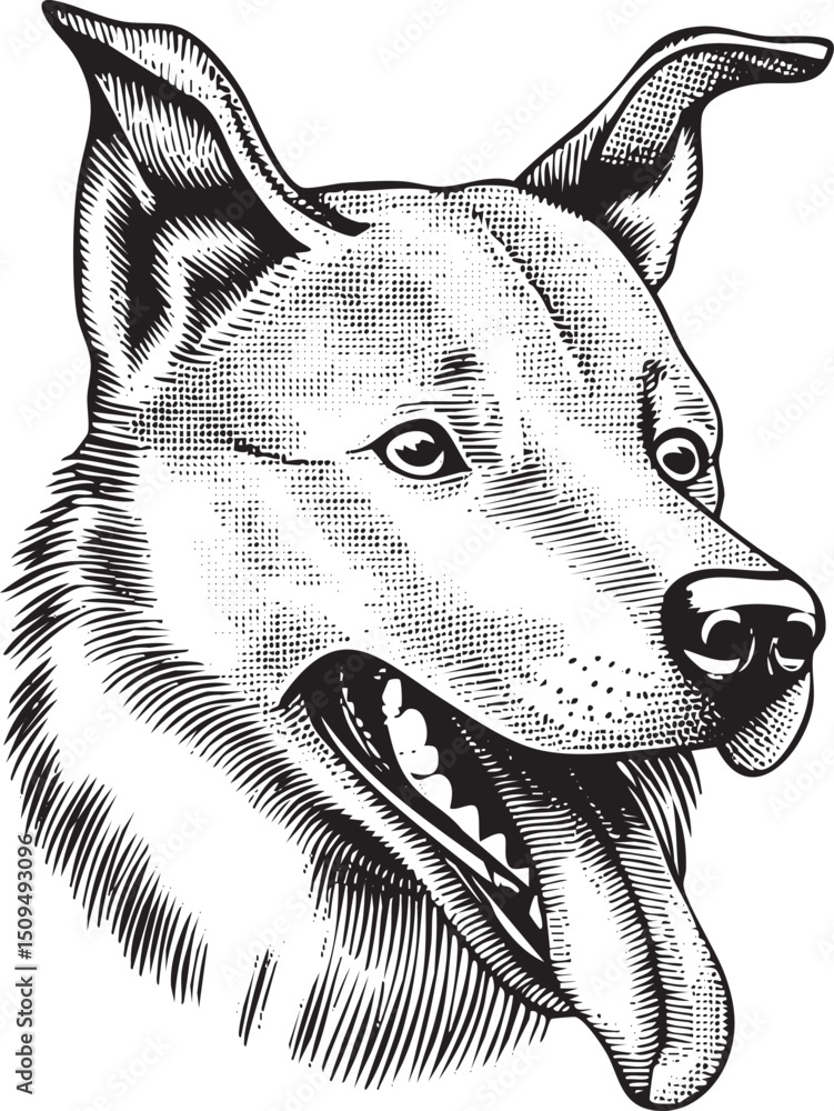 Poster grayscale portrait of a dog with an open mouth and relaxed expression.