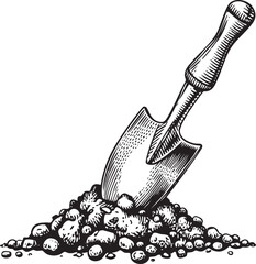 shovel rests in a pile of dark soil.