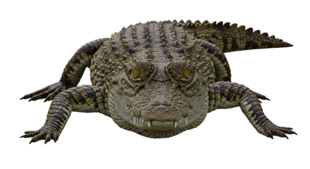 Lowangle view of a menacing crocodile with yellow eyes and sharp teeth