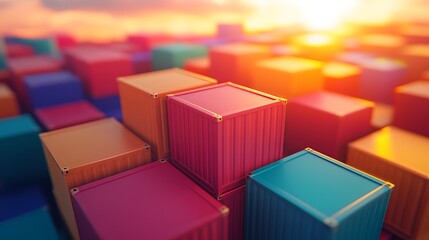 Obraz premium Colorful Shipping Containers at Sunset Logistics and Global Trade Concept.